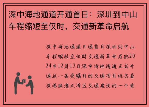 深中海地通道开通首日：深圳到中山车程缩短至仅时，交通新革命启航