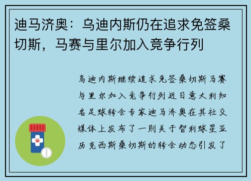 迪马济奥：乌迪内斯仍在追求免签桑切斯，马赛与里尔加入竞争行列