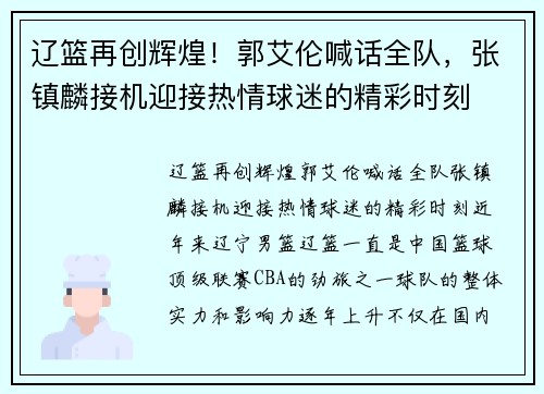 辽篮再创辉煌！郭艾伦喊话全队，张镇麟接机迎接热情球迷的精彩时刻