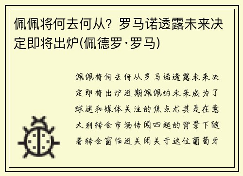 佩佩将何去何从？罗马诺透露未来决定即将出炉(佩德罗·罗马)